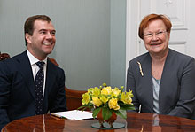 Venäjän presidentti presidentti Dmitri Medvedev ja tasavallan presidentti Tarja Halonen Presidentinlinnassa. Copyright © Tasavallan presidentin kanslia