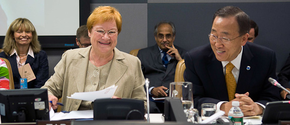 President Halonen Secretary-General Ban Ki-moon at the meeting of UN High-level Panel on Global Sustainability. Photo: Mika Horelli