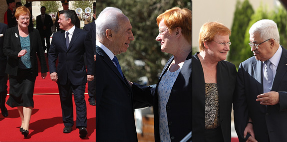 Presidentti Halonen tapasi viisipäiväisellä Lähi-idän matkallaan Jordanian kuningas kuningas Abdullah II:n, Israelin presidetin Shimon Peresin (kesk.) ja miehitettyjen palestiinalaisalueiden presidentin Mahmud Abbasin. Copyright © Tasavallan presidentin kanslia