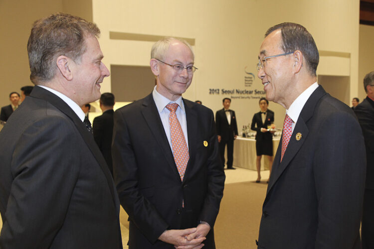  President of the Republic Sauli Niinistö, President of the European Council Herman Van Rompuy and UN Secretary-General Ban Ki-moon at the international Nuclear Security Summit in Seoul, South Korea on 26 March 2012. Copyright © Office of the President of the Republic of Finland
