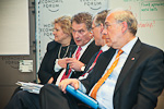 President Sauli Niinistö informs participants about the North Karelia Project at the session on health and the economy. Left to right: Erna Solberg (Prime Minister of Norway), President Niinistö, Frans van Houten (CEO of Philips) and Angel Gurria, Secretary General of the OECD