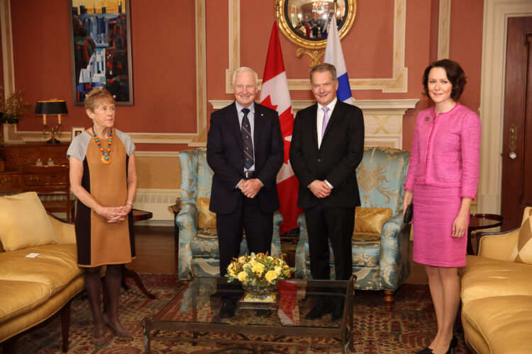  Mrs. Sharon Johnston, , Governor General David Johnston, President Sauli Niinistö  and Mrs. Jenni Haukio at Rideau Hall. Copyright © Office of the President of the Republic