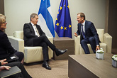 Presidentti Niinistö keskusteluissa Eurooppa-neuvoston puheenjohtajan Donald Tuskin kanssa Brysselissä 21. tammikuuta 2015. Copyright © Tasavallan presidentin kanslia