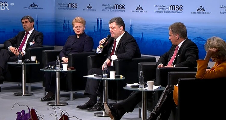  The Conflict over Ukraine and European Security panel: Bulgaria's President Rosen Plevneliev (left), Lithuania's President Dalia Grybauskaite, Ukraine's President Petro Poroshenko, Finland's President Sauli Niinistö, and panel moderator Jane Harman, President of the Woodrow Wilson International Center for Scholars. Photo: MSC