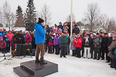 Presidentti Niinistö puhuu Romppalan kylän monitoimitalolla järjestetyssä yleisötilaisuudessa 7. maaliskuuta 2015. 