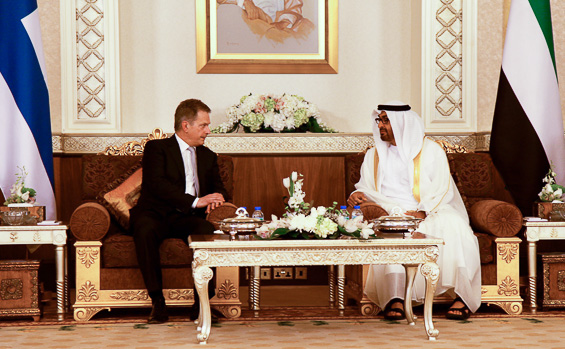 President Niinistö träffade Abu Dhabis kronprins, shejk Mohammed bin Zayed Al Nahyan  i Abu Dhabi söndagen den 12 april. Copyright © Republikens presidents kanslic