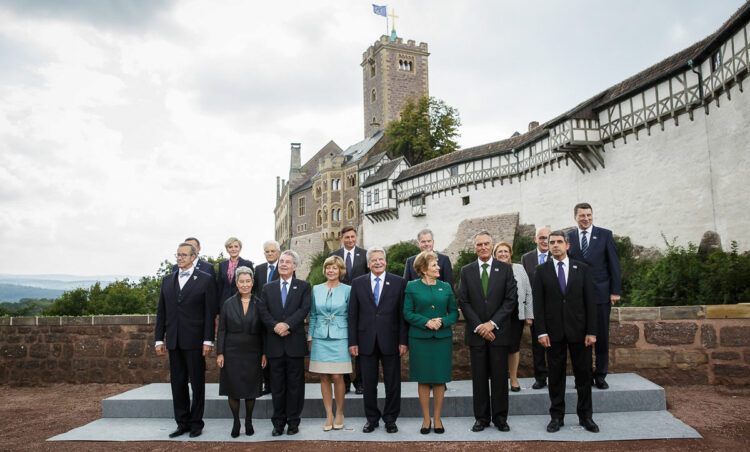 The European presidents pictured together in front of Wartburg Castle. 