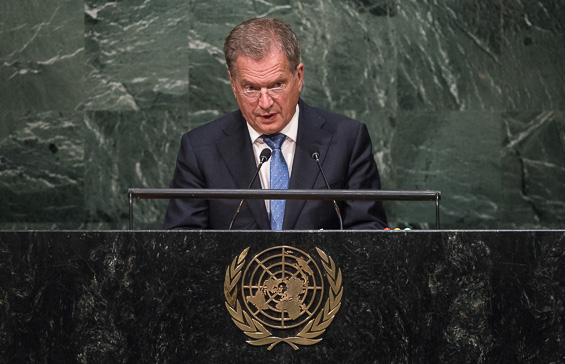 Presidentti Sauli Niinistö puhui YK:n yleiskokouksessa New Yorkissa 29. syyskuuta. UN Photo/Cia Pak