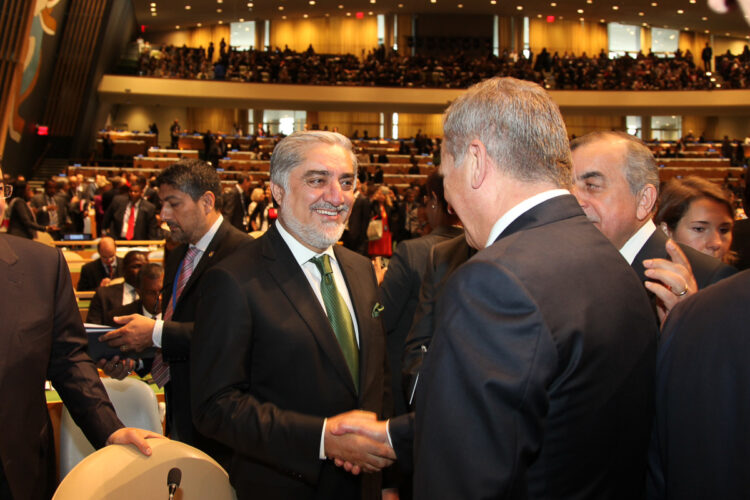  President Niinistö och Afghanistans premiärminister Abdullah Abdullah i FN:s mötessal i New York den 25 september 2015. Foto: Republikens presidents kansli