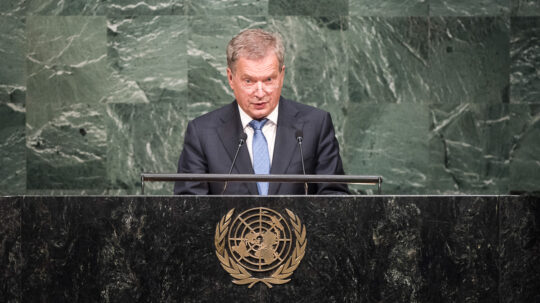  Presidentti Niinistö puhui YK:n kestävän kehityksen huippukokouksen avajaisistunnossa 25. syyskuuta. Kuva: UN Photo / Mark Garten 