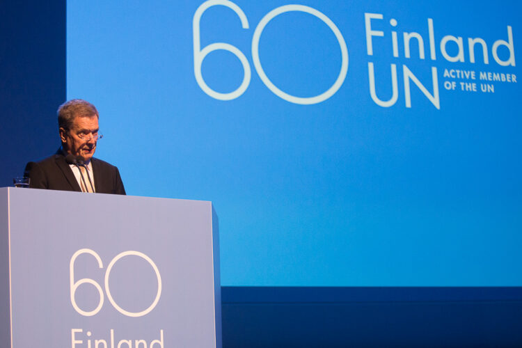 Secretary-General Ban and President Niinistö addressed the 60th anniversary festivities of Finland’s UN membership at Finlandia Hall.  