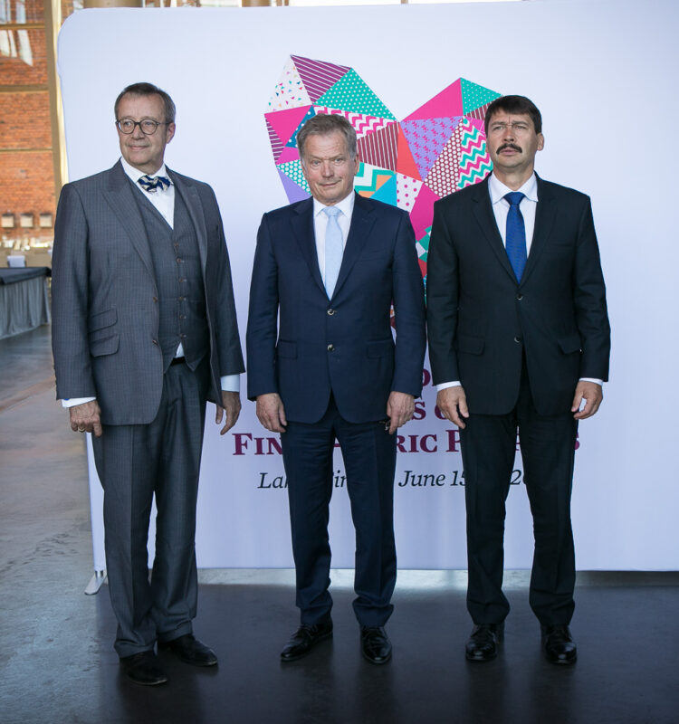 Hungarian President János Áder and Estonian President Toomas Hendrik Ilves visited Finland. President of the Republic Sauli Niinistö met them on Wednesday, 15 June, and later in the afternoon all three attended the World Congress of the Finno-Ugric Peoples in Lahti. Photo: Matti Porre/Office of the President of the Republic of Finland