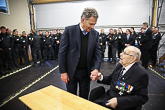  Second World War veteran Mauno Vuokila, who founded the sawmill 60 years ago and, at 98, is Tervola’s oldest resident, attended a coffee reception held at the sawmill. Company employees are pictured in the background. Photo: Matti Porre/Office of the President of the Republic of Finland 