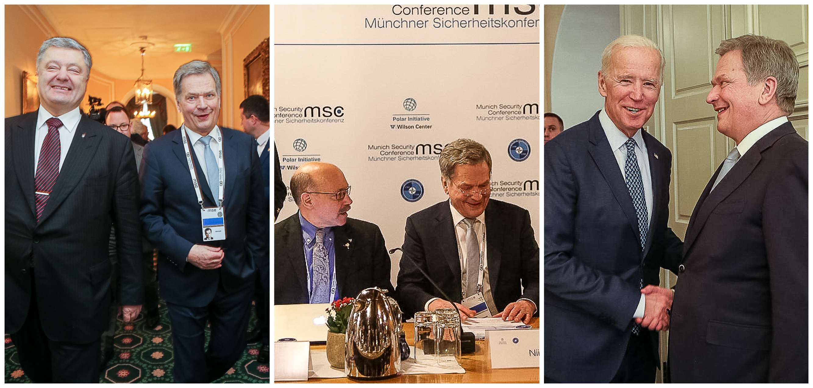 At the Munich Security Conference, President Niinistö met with, among others, the President of Ukraine Petro Poroshenko (left) and former Vice President of the United States Joe Biden. Photo: Katri Makkonen/Office of the President of the Republic of Finland