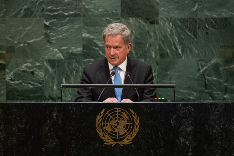 Presidentti Niinistö puhuu YK:n yleiskokouksessa 24. syyskuuta. UN Photo/Cia Pak