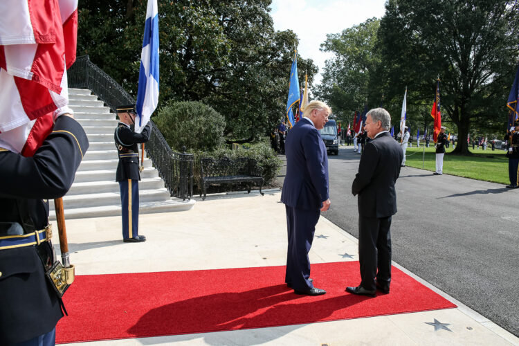 President Donald Trump welcomes President Sauli Niinistö to the White House at the South Portico on 2 October 2019. Photo: Matti Porre/Office of the President of the Republic of Finland 