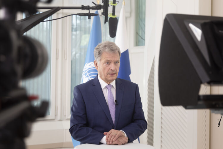 President of the Republic of Finland Sauli Niinistö making a virtual statement for the High-Level Meeting on the 25th anniversary of the Fourth World Conference on Women, 1 October 2020. Photo: Riikka Hietajärvi/The Office of the President of the Republic of Finland