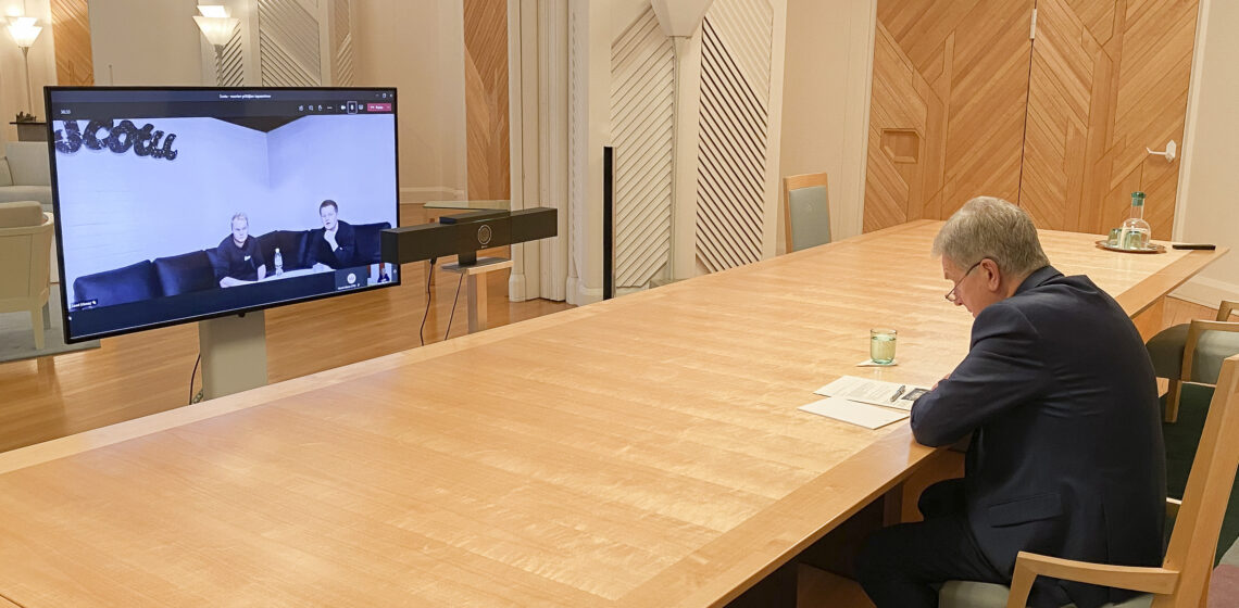 President Niinistö träffade unga företagare från Scotu Oy via videolänk från Talludden. Foto: Republikens presidents kansli 