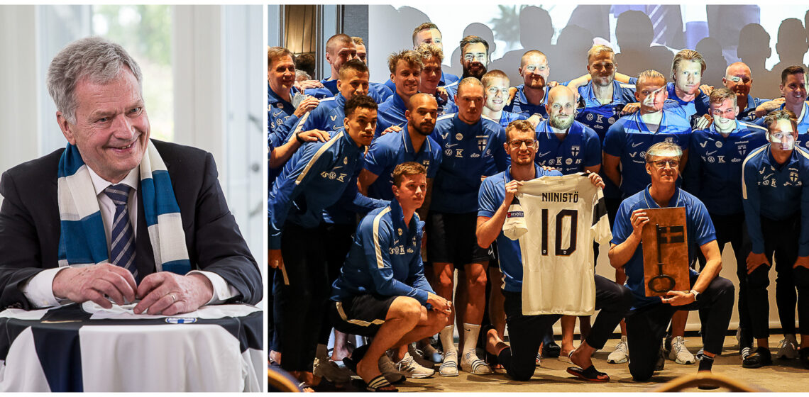 Republikens president Sauli Niinistö träffade Huuhkajat torsdagen den 3 juni 2021. Bilder: Matti Porre/Republikens presidents kansli, Jyri Sulander/Finlands Bollförbundet