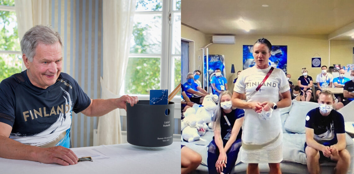 (Photo, left) President Niinistö received a sauna bucket and ladle as a gift from the athletes. Photo: Jon Norppa/Office of the President of the Republic of Finland. (Photo, right) Boxing bronze medallist Mira Potkonen talks about the mood in the Olympic village.