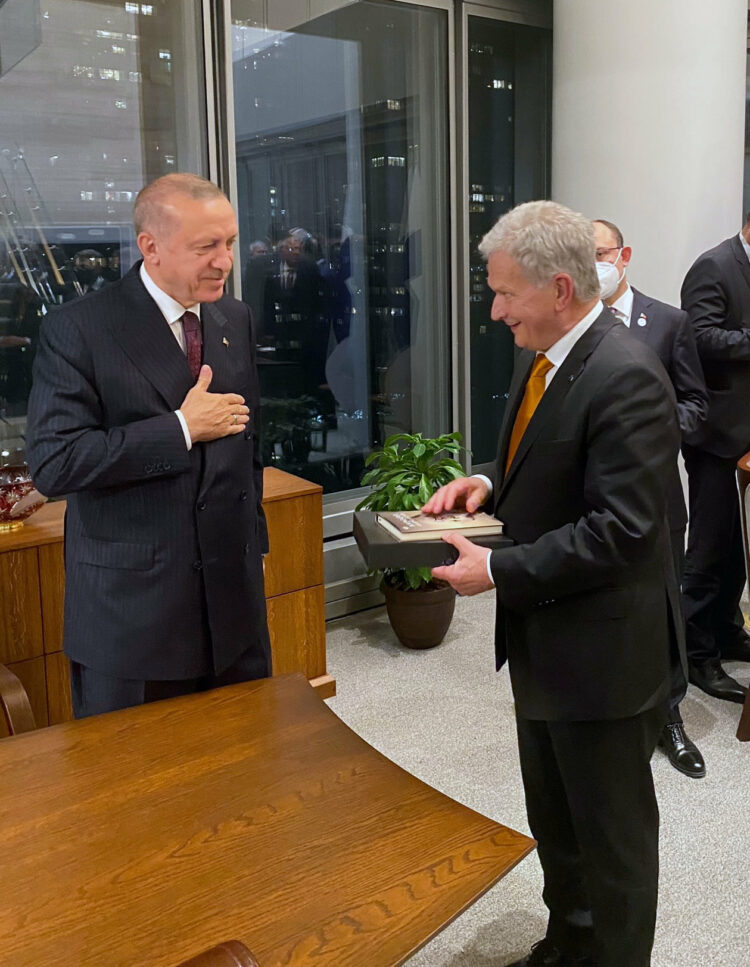 After addressing the UN General Assembly President 
Niinistö met with President of Turkey Recep Tayyip Erdoğan. Photo: Petri Hakkarainen/The Office of the President of the Republic of Finland