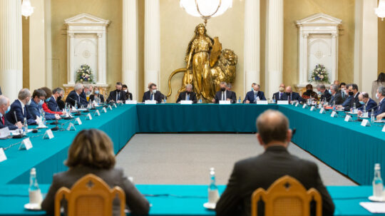 President Niinistö held discussions with the North Atlantic Council in the Hall of State of the Presidential Palace.
Photo: Matti Porre/Office of the President of the Republic of Finland