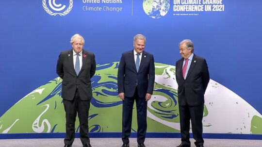 Prime Minister of the United Kingdom Boris Johnson and Secretary-General of the United Nations António Guterres received President Niinistö at the UN COP26 Climate Change Conference in Glasgow on 1 November 2021. Photo: Screenshot of COP26 live stream