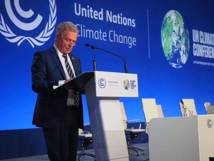 President Niinistö håller sitt anförande vid FN:s klimattoppmöte den 2 november 2021. Foto: Tino Savolainen/Republikens presidents kansli