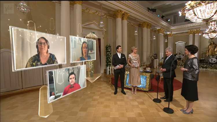  “You said that you don’t consider yourselves to be heroes, but we consider you to be heroes even so.” President Niinistö and Mrs Haukio thanked, by remote connection, the nurses and those who have distinguished themselves during the COVID pandemic. Screenshot of the Yle broadcast.