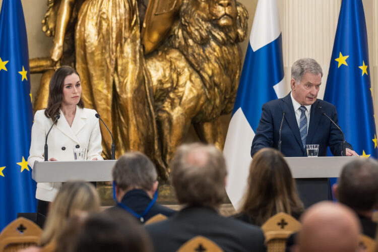 President of the Republic of Finland Sauli Niinistö and Prime Minister of Finland Sanna Marin held a joint press conference on Finland’s security policy decisions on Sunday, 15 May 2022 at the Presidential Palace. Photo: Matti Porre/Office of the President of the Republic of Finland
