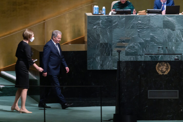 President Niinistö höll Finlands nationella anförande vid den allmänna debatten vid den 77:e sessionen i FN:s generalförsamling. Foto: Agaton Strom/Finlands FN-representation