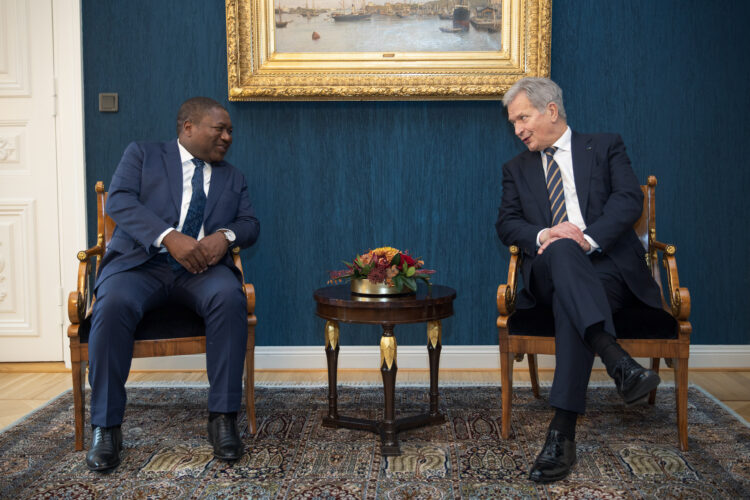 President Niinistö and President Nyusi  discuss at the Presidential Palace in Helsinki on 16 November 2022. Photo: Matti Porre/Office of the President of the Republic of Finland