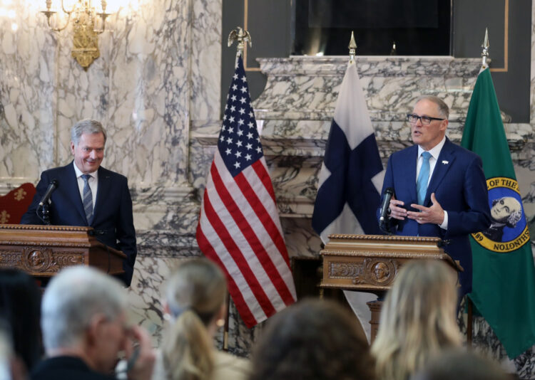 Presidentti Niinistön ja kuvernööri Insleen lehdistötilaisuus Washington State Capitolilla. Kuva: Riikka Hietajärvi/Tasavallan presidentin kanslia