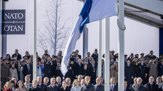 The Finnish flag is raised for the first time at the NATO Headquarters in Brussels. Photo: NATO