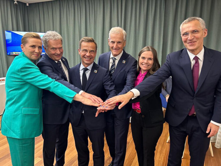 The Nordic Heads of State and Government with NATO Secretary General Jens Stoltenberg at the NATO Summit in Vilnius on 11 July 2023. Photo: The Office of the Prime Minister  of Norway