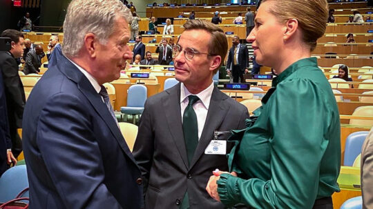 President Niinistö speaks with Swedish Prime Minister Ulf Kristersson and Danish Prime Minister Mette Frederiksen at the UN SDG Summit on 18 September 2023. Photo: Elina Kalkku/Permanent Mission of Finland to the United Nations