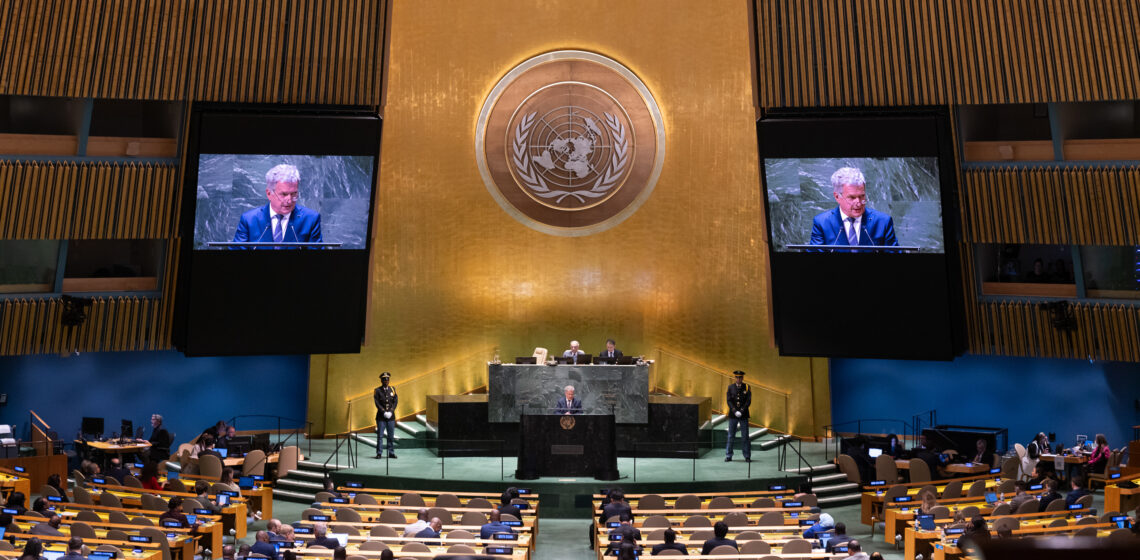 Presidentti Niinistö puhui YK:n yleiskokouksessa 20. syyskuuta 2023. Kuva: Agaton Strom/Suomen pysyvä edustusto YK:ssa