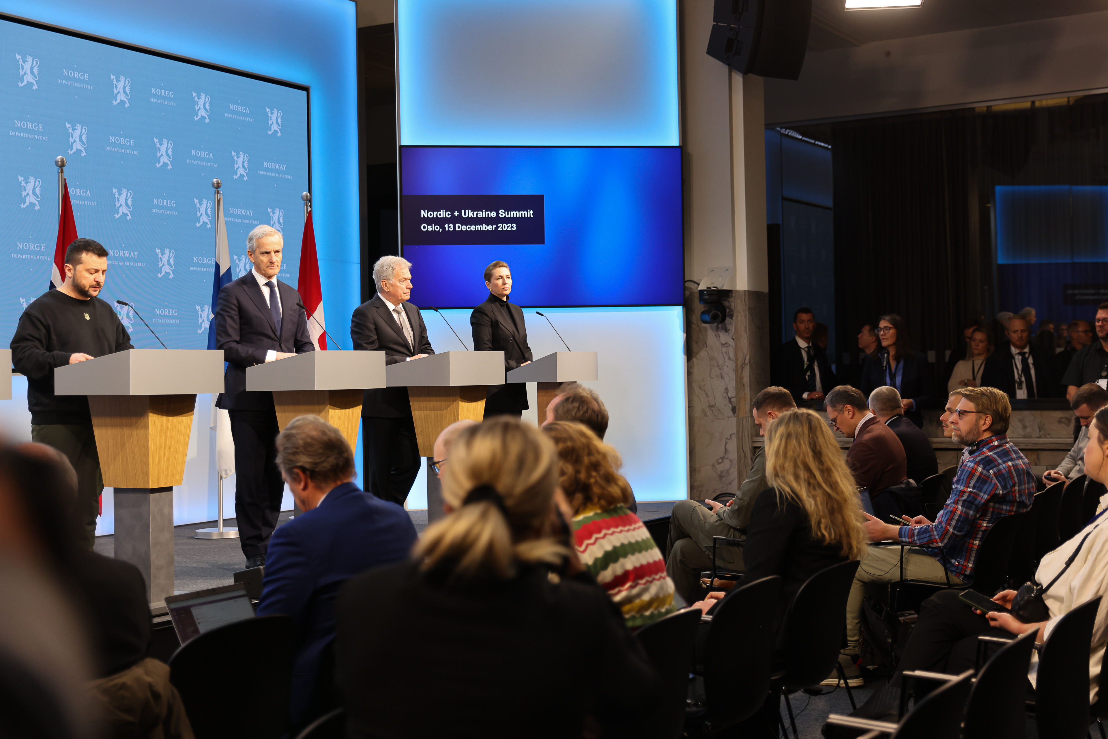 Joint press conference after the Nordic–Ukrainian Summit in Oslo on 13 December 2023. Photo: Riikka Hietajärvi/Office of the President of the Republic of Finland