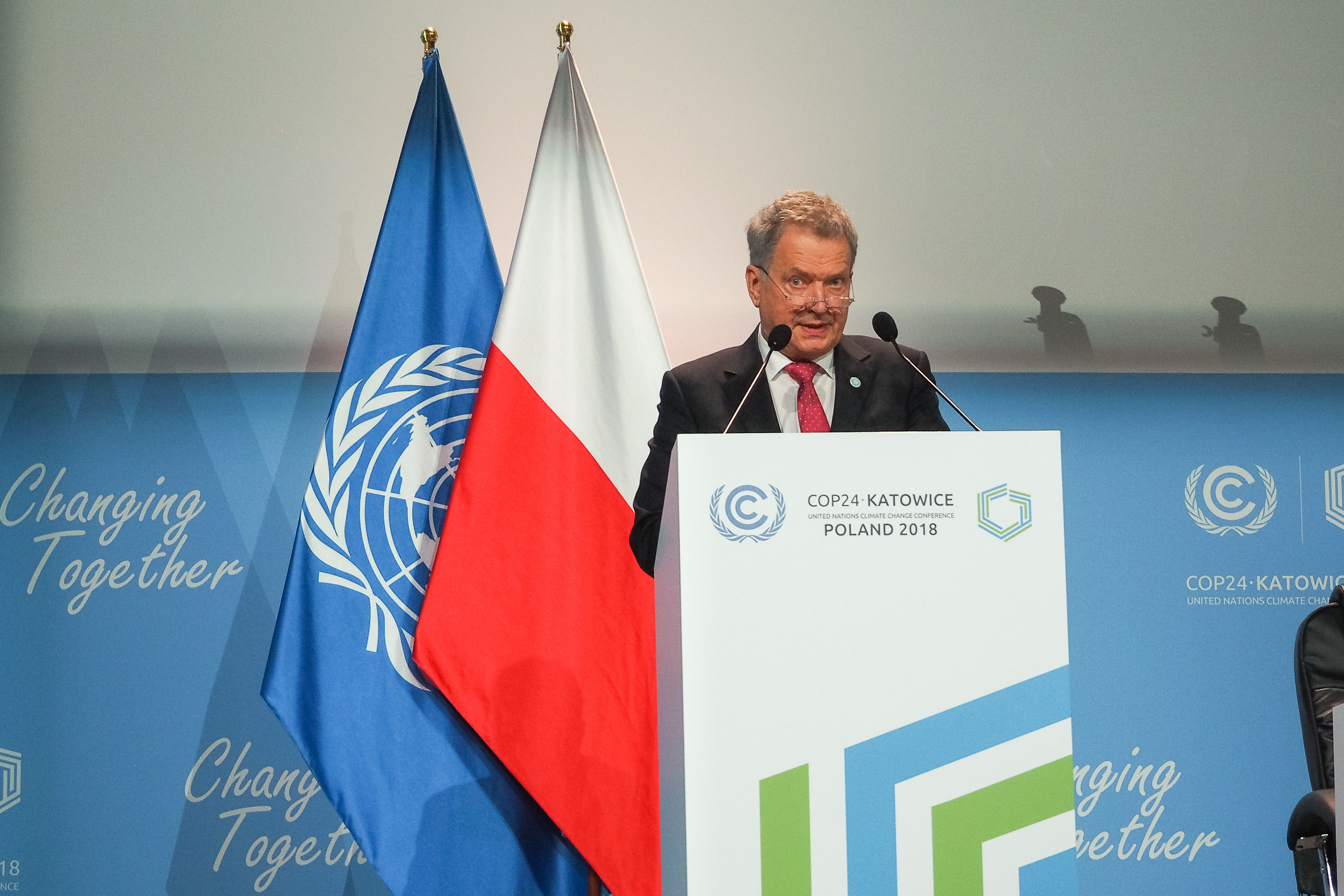 Presidentti Niinistö piti Suomen kansallisen puheenvuoron YK:n ilmastokokouksessa Katowicessa, Puolassa.
Kuva: Katri Makkonen/Tasavallan presidentin kanslia