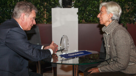 Presidentti Sauli Niinistö ja kansainvälisen valuuttarahaston IMF:n pääjohtaja Christine Lagarde tapasivat Davosissa 21. tammikuuta. Copyright © Tasavallan presidentin kanslia