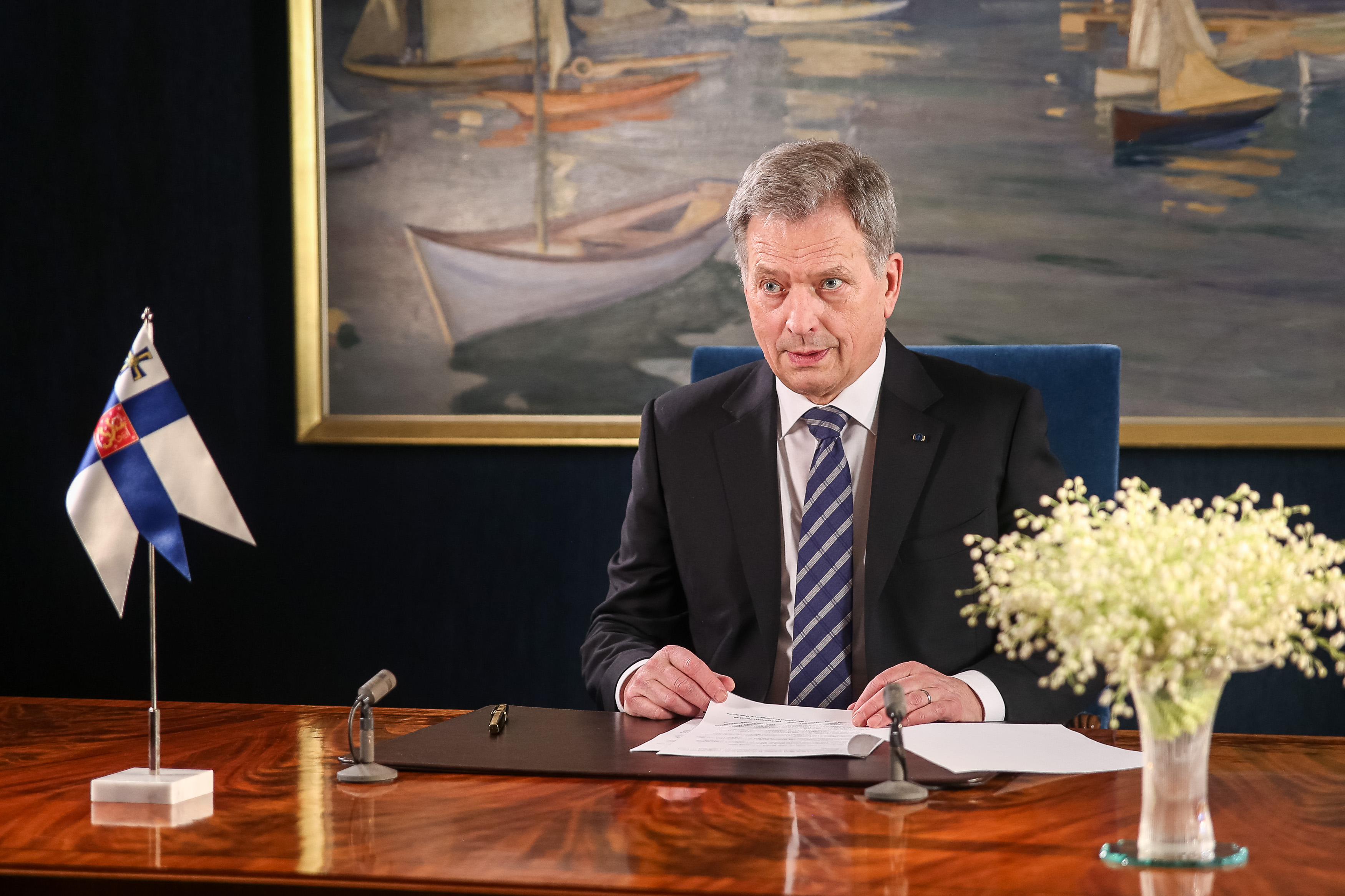Tasavallan presidentti Sauli Niinistö pitämässä uudenvuodenpuhetta 2018. Kuva: Matti Porre/Tasavallan presidentin kanslia