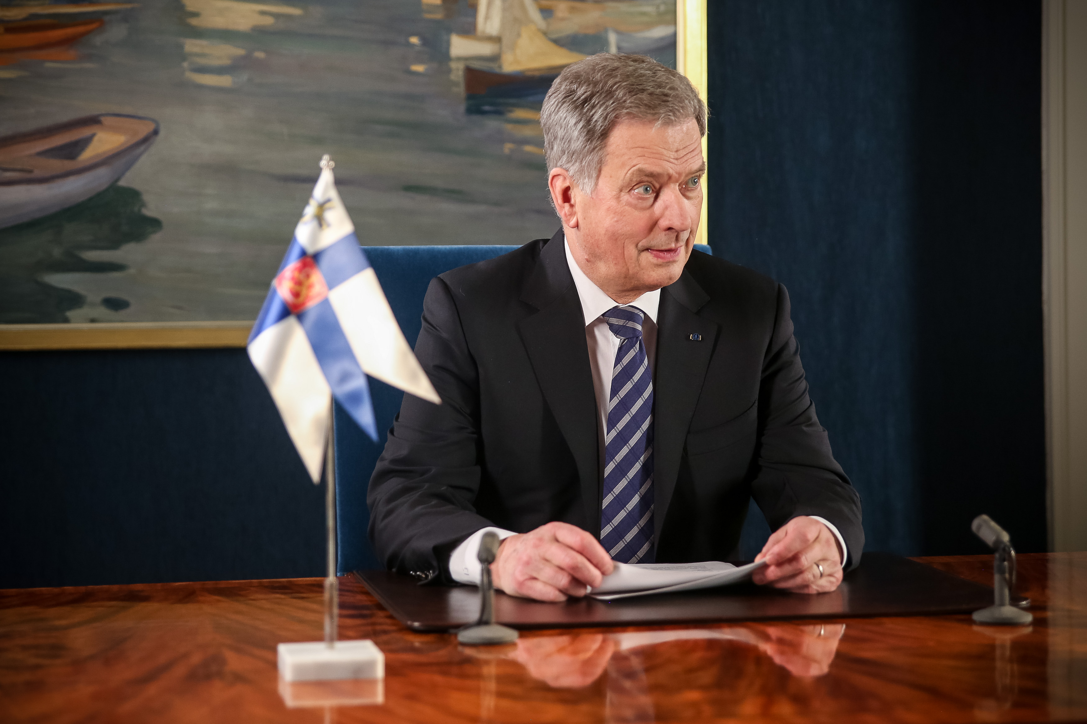 Tasavallan presidentti Sauli Niinistö pitämässä uudenvuodenpuhetta 2018. Kuva: Matti Porre/Tasavallan presidentin kanslia