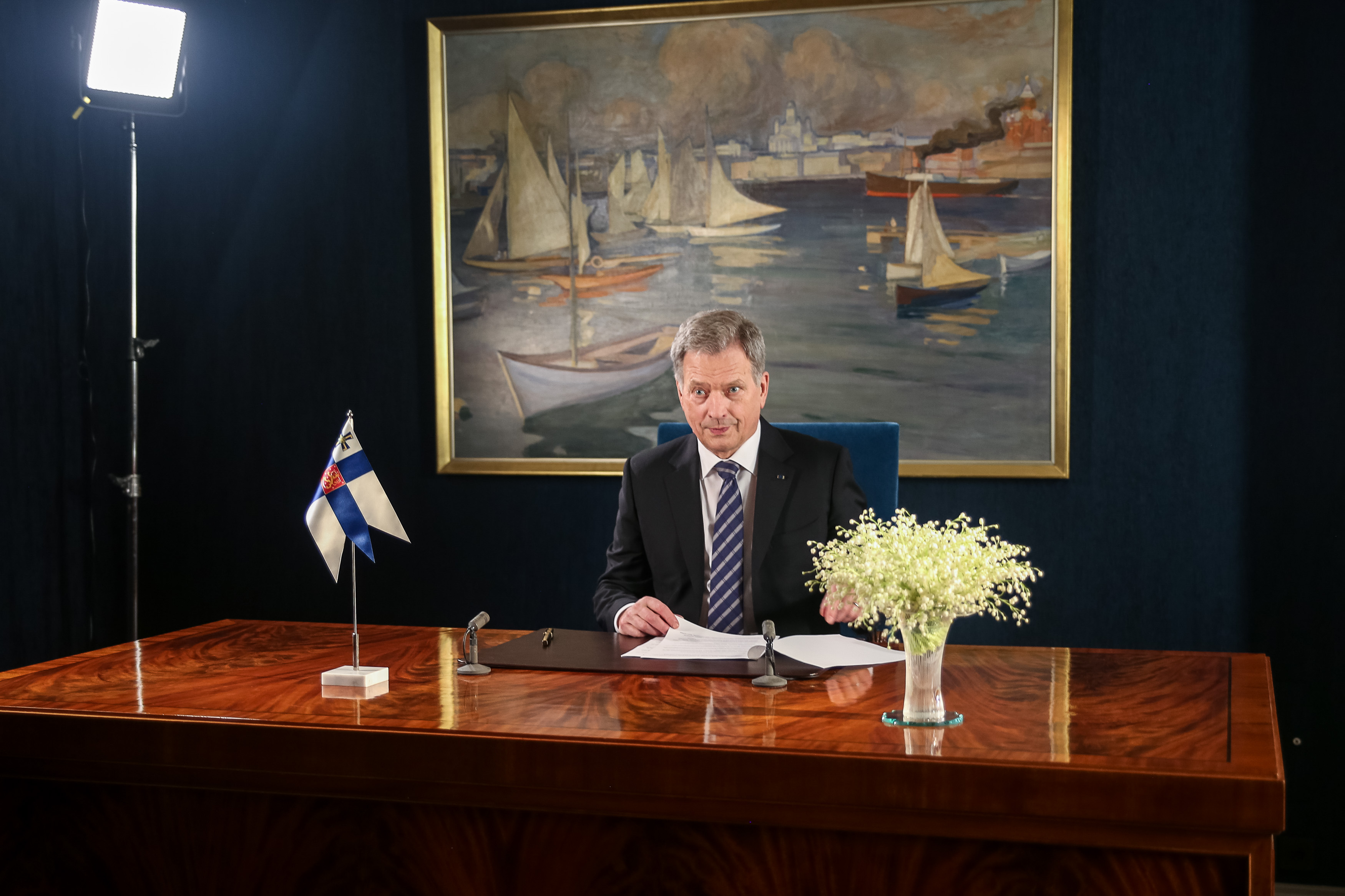 Tasavallan presidentti Sauli Niinistö pitämässä uudenvuodenpuhetta 2018. Kuva: Matti Porre/Tasavallan presidentin kanslia