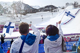  President Niinistö and Mrs Haukio watching the Flower Ceremony for Slopestyle from the bleachers. Copyright © Office of the President of the Republic 