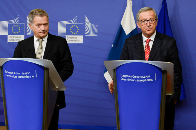  Presidentti Niinistö ja puheenjohtaja Juncker yhteisessä tiedotustilaisuudessa Brysselissä 22. tammikuuta. Kuva: EU-komissio / Etienne Ansotte