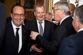  Ranskan presidentti Francois Hollande, presidentti Sauli Niinistö ja Euroopan komission puheenjohtaja Jean-Claude Juncker Aachenissa 14.5.2015. Copyright © Tasavallan presidentin kanslia 