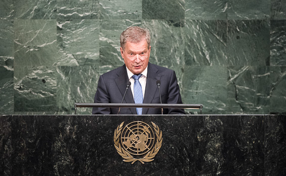 Presidentti Niinistö puhui YK:n kestävän kehityksen huippukokouksen avajaisistunnossa 25. syyskuuta. Kuva: UN Photo