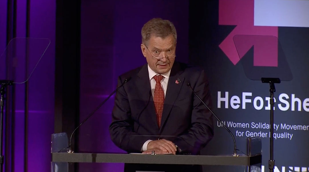 Presidentti Niinistö oli pääpuhujana HeForShe-tapahtumassa. Kuva: UN Women webcast