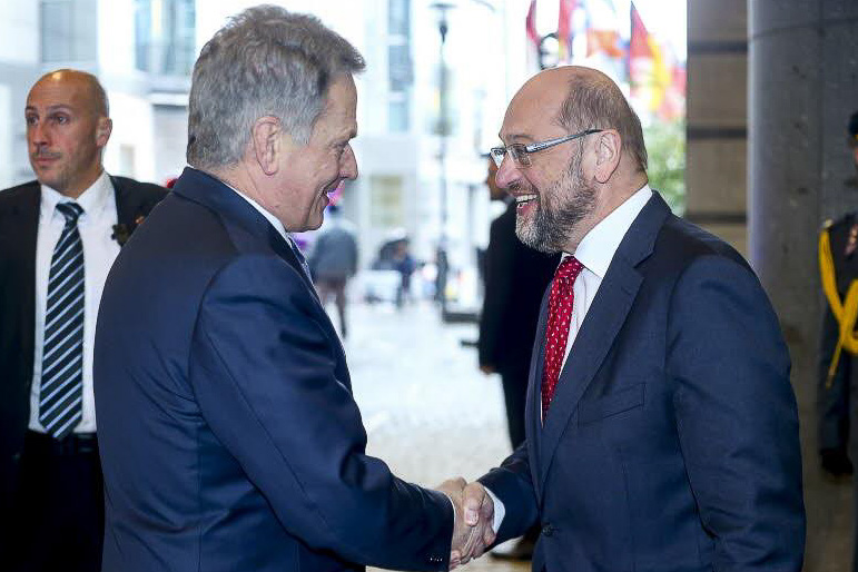 Keskiviikkona 9. marraskuuta presidentti Niinistö tapasi Euroopan parlamentin puhemiehen Martin Schulzin. uva: EP / Didier Bauweraerts