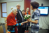  Mrs Jenni Haukio greeted the 100-year-old Hilda Kukkola at the main library in Inari. Kukkola was the oldest person interviewed for the Tarinoiden Inari (Tales of Inari) audio archive. The archive, of which Mrs Haukio is the patron, includes thousands of stories by locals and is freely available online. Photo: Katja Keckman/Office of the President of the Republic of Finland 
